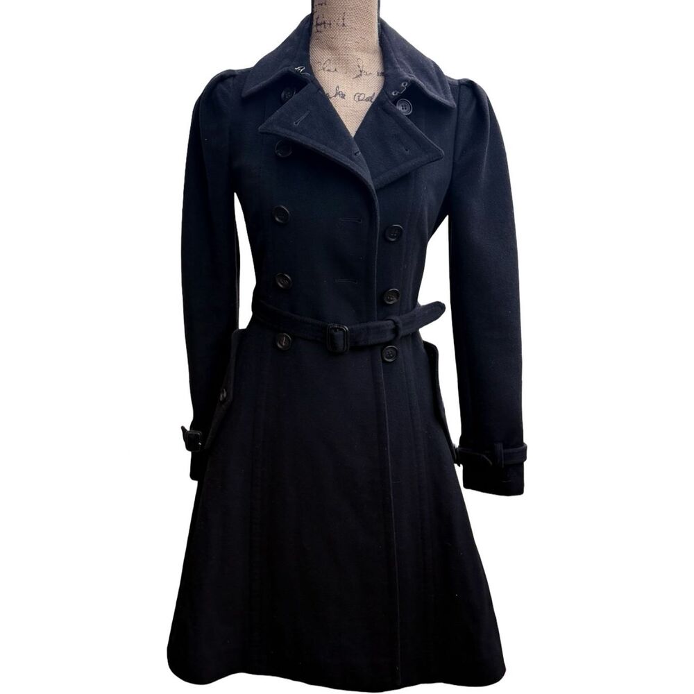Burberry Wool Trench Coat Double-Breasted Fit & Flare Windsor Black Size 38